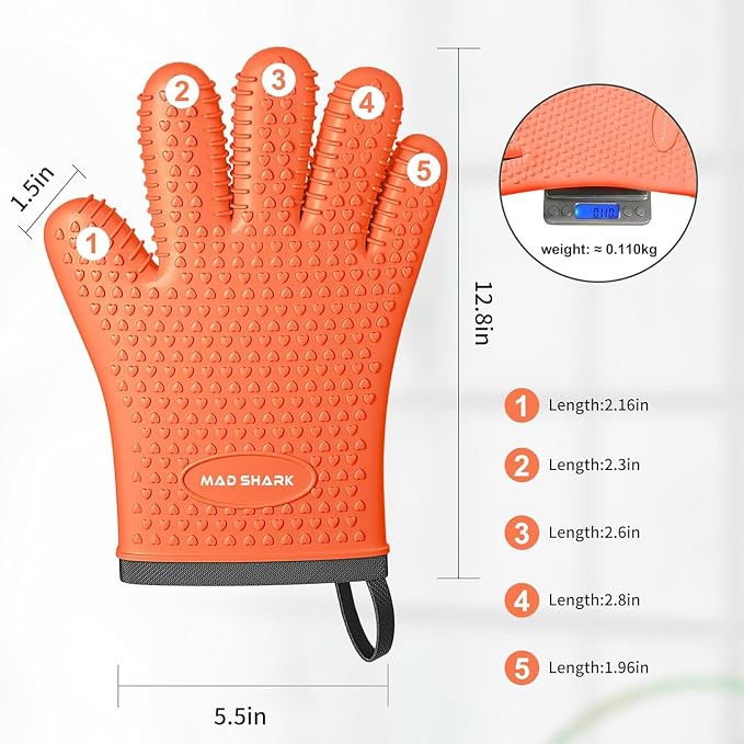 MAD SHARK Silicone Oven Mitts with Fingers Heat Resistant 450°F in Kitchen | Waterproof & Non-Slip Oven Gloves,Cotton Lined Silicone Kitchen Mitts for Baking Cooking Barbecue,Women (Orange)