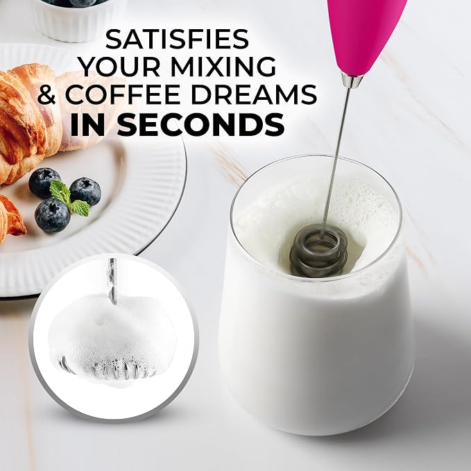Zulay Kitchen Powerful Milk Frother Wand With Duracell Batteries - Ultra Fast Handheld Drink Mixer - Electric Whisk Foam Maker for Coffee, Lattes, Cappuccino & Matcha - Triple Whisk - Magenta Gold