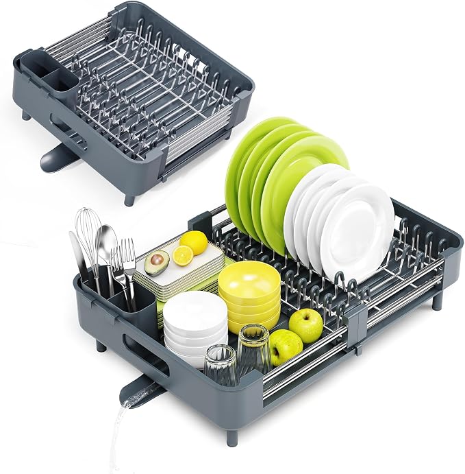 Urackify Extendable Stainless Dish Drying Rack for Kitchen Counter | 13.78"W x 18.7"L, Foldable Drainboard for Space Saving, Knife and Utensil Holder, Fast-draining Spout, Dark Slate Teal