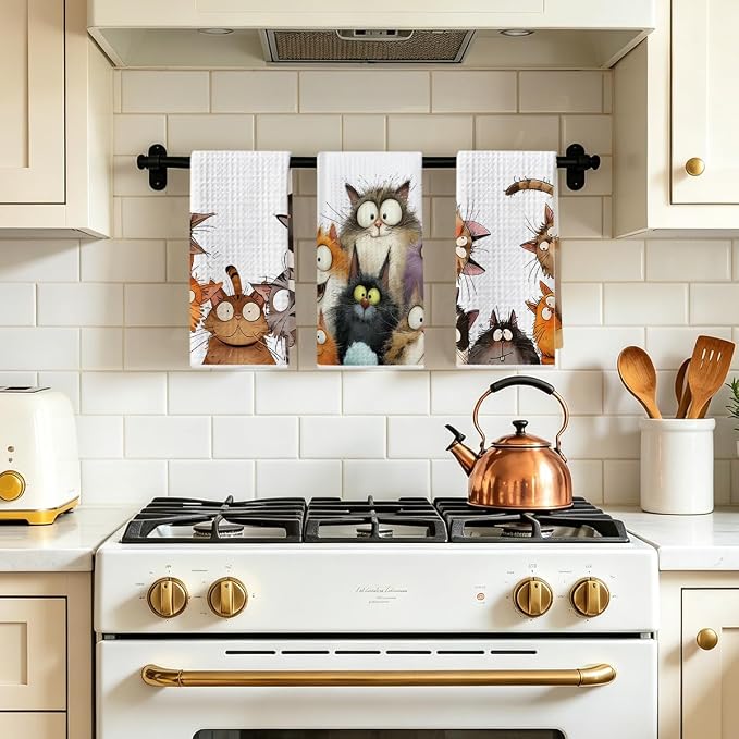 3 Pcs Cute Cat Kitchen Towels, Funny Cats Gifts Absorbent Hand Towels-02 | Cat Dish Cloths for Drying Dishes, Cats Waffle Dish Towels for Kitchen Home Bathroom Decor, Cat Lover Gifts for Women Mom