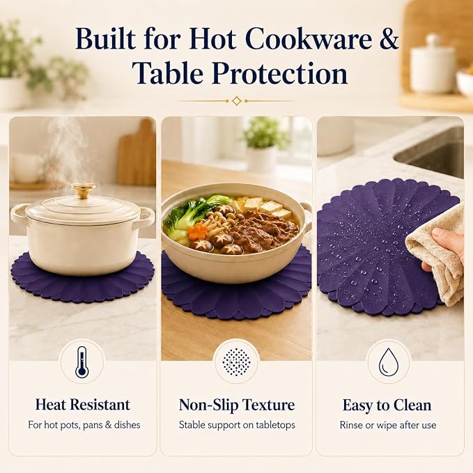 Heat-Resistant Silicone Trivet Mats, Non-Slip Hot Plate Holder for Kitchen Countertops & Dining Table, Reusable Pot Holder Pad with Secure Grip, Dishwasher Safe (Purple, Diameter: 30cm/11.81")