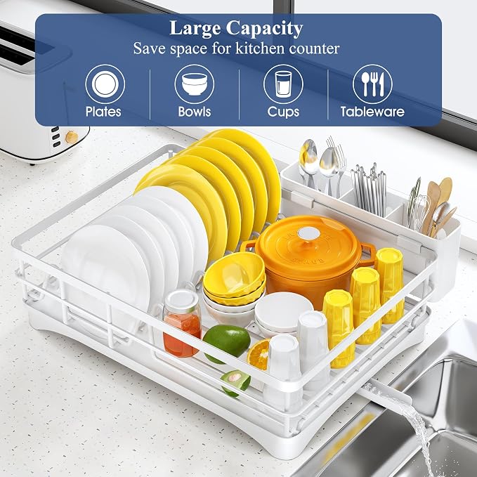 SNTD Dish Drying Rack for Kitchen Counter, 11.8" W x 16.7" L, White | Rustproof Stainless Steel, Large Capacity, Self-Draining Drainboard, Rotating Spout, Removable Utensil Holder