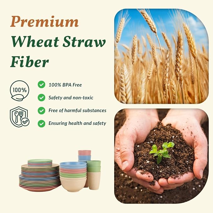 Kitchen Plates and Bowls Set 40 PCS Microwave and Dishwasher Safe Wheat Straw Dinnerware Sets Dish Sets for 8 Kitchen Plate Set for Camping, RV, Party, Apartment, Picnic, Kids-Multilight