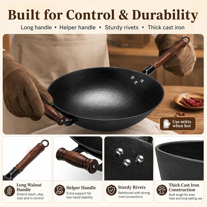 WANGYUANJI 12.6 Inch Round Bottom Cast Iron Wok with Glass Lid, Chinese Stir Fry Pan for Gas Stove & Open Flame, Uncoated Clay-Mold Texture, Wok Ring Required, Seasoning Needed