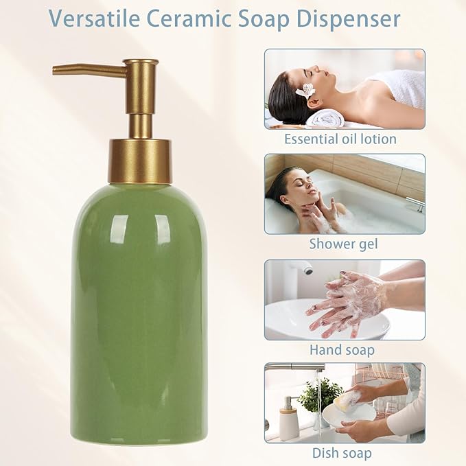 Natheeph Soap Dispenser for Bathroom/Kitchen Fill Hand Soap/Dish Soap,14OZ | Soap Pump Dispenser Bottle, Ceramic Soap Dispenser Refillable Shampoo/Lotion/Liquid/Detergent for Bathroom/Kitchen, Green