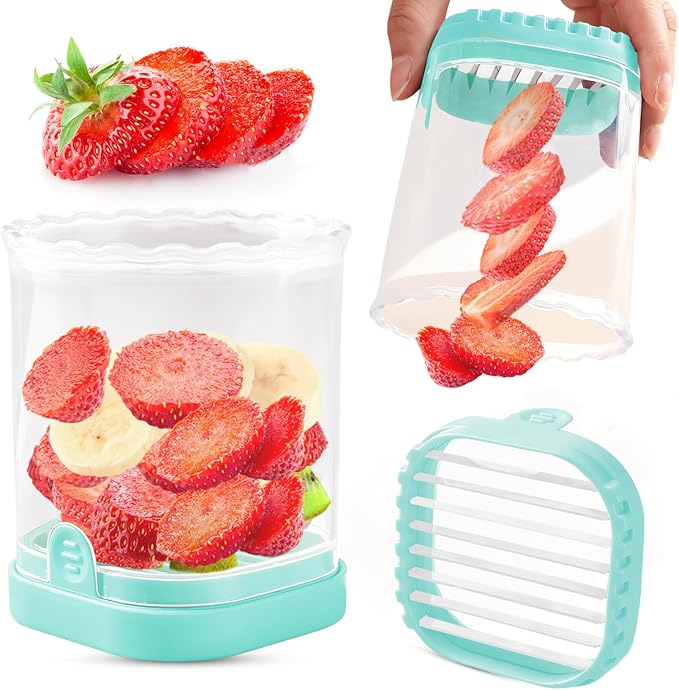 Creative Strawberry Slicer, Detachable Cutter with Push Plate (Turquoise)