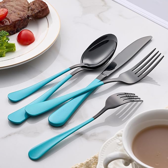 20-Piece Lake Blue Silverware Set 18/0 Stainless Steel Black Silverware Set Lake Blue Handle Cutlery Black Set Service for 4 Dinner Knives Forks Spoons Flatware Set Dishwasher Safe