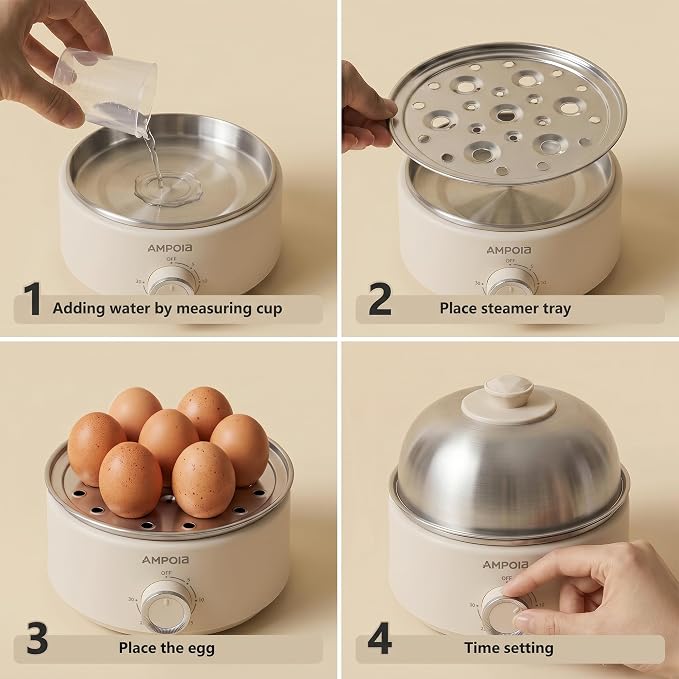 14 Eggs Electric Egg Cooker, 350W Rapid Egg Boiler with 30-Min Timer & Auto Shut-Off, Stainless Steel, Dishwasher Safe for Soft, Medium, Hard Boiled, Steamed Eggs, Vegetables & Seafood, Beige