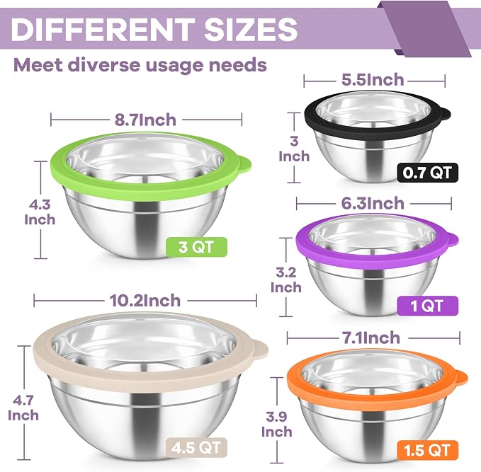 TeamFar Mixing Bowls Set, 4.5/3/1.5/1/0.7 QT Salad Bowl with Lids, Colorful | Stainless Steel Nesting Bowls with Visible Airtight Lids, For Serving/ Mixing/ Storing, Non-Toxic & Dishwasher Safe, Set of 5