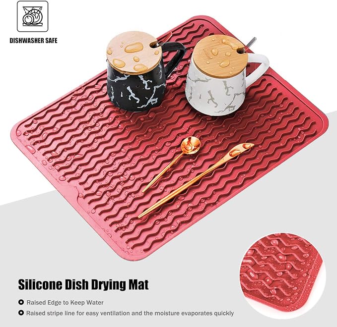 Silicone Dish Drying Mat, Non-Slip Easy Clean Sink Mat, Red, 16" x 12" | Quick-Dry Ridges, Large Heat-resistant Dish Drainer Mat for Kitchen Counter, Hangable & Roll-Up for Storage, Dishwasher Safe