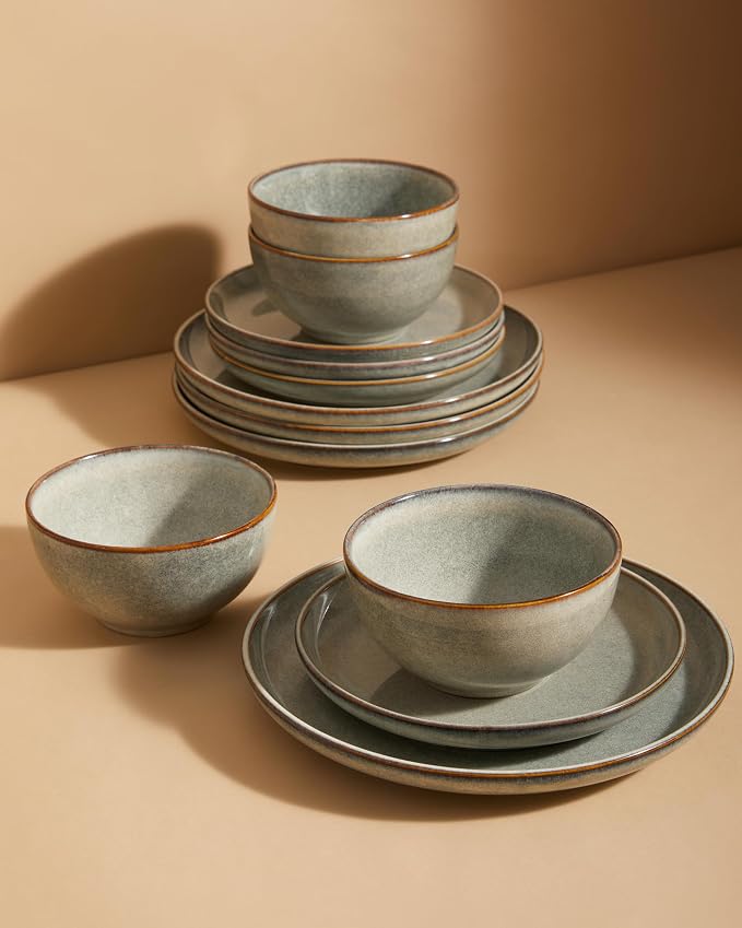Stoneware Dinnerware Sets Service for 4, 12 pcs Reactive Glaze Plates and Bowls Sets, Handmade Ceramic Dish Set, Highly Chip and Crack Resistant Modern Plate Set, Green Wheat