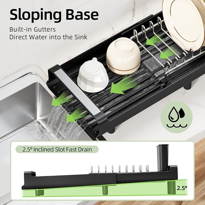 TOOLF Small Dish Drying Rack, Expandable and Space-Saving, Matte Black | Mini Dish racks for kitchen counter, Compact Design Fits Sink or Counter, Stainless Steel Plate Rack, 11"-19.3"L×7.7"W×3.54"H