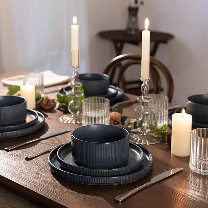 Famiware Star Stoneware Dinnerware Set, Reactive Glaze Plates & Bowls for 4 | 12-Piece Handmade Ribbed Dishes, Chip & Scratch Resistant. Microwave & Dishwasher Safe, Rustic Modern, Matte Dark Charcoal