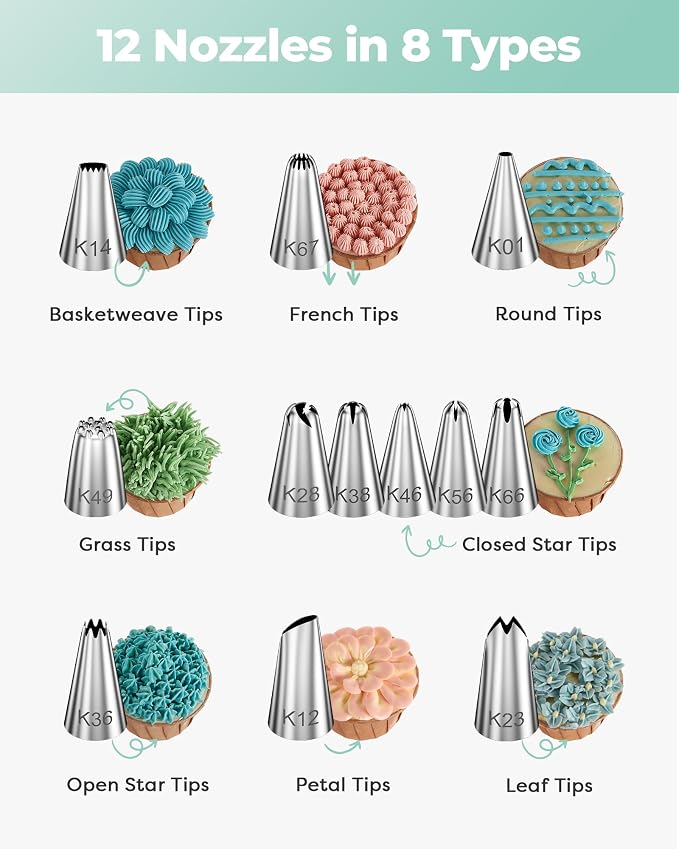 Kootek 71 Cake Decorating Kit Baking Supplies Tools for Beginners & Pros | Cake Stand Turntable, Icing Piping Tips, Disposable Reusable Pastry Bag, Spatulas, Video Tutorial, Pattern Chart