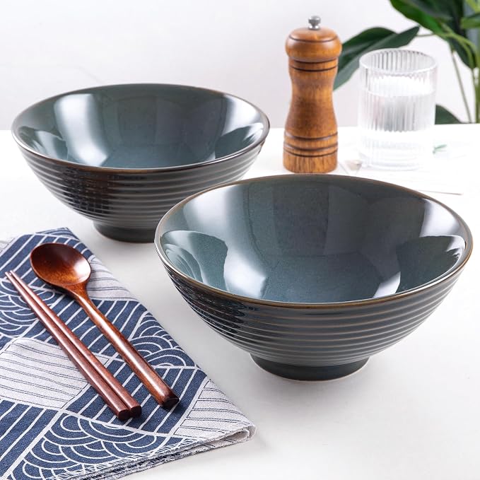 Ceramic Japanese Ramen Bowl Set, 2 Sets Asian Pho Udon Soup Noodle Bowls with Spoons and Chopsticks (Olive Green, 8 inches)