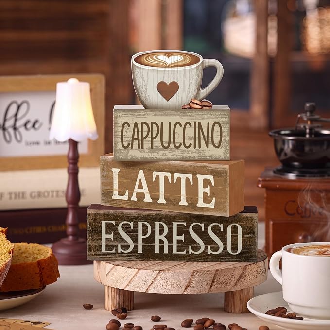 Lineshading 4 Pcs Farmhouse Coffee Bar Signs, Wooden Coffee Stacked Blocks | Vintage Coffee Bar Decor, Coffee Station Accessories with Cappuccino Latte, Table Decor for Home Kitchen Office Tiered Tray