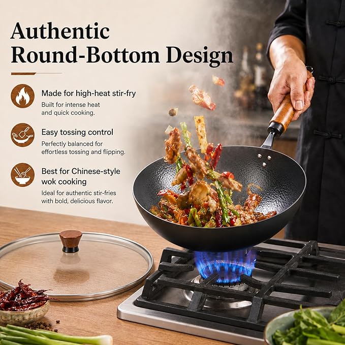 11" Round Bottom Carbon Steel Wok with Glass Lid, Traditional Chinese Stir Fry Pan for Gas Stove & Wok Ring, 3.2 QT Small Wok for 1–3 People, Uncoated, Wood Handle, Seasoning Required