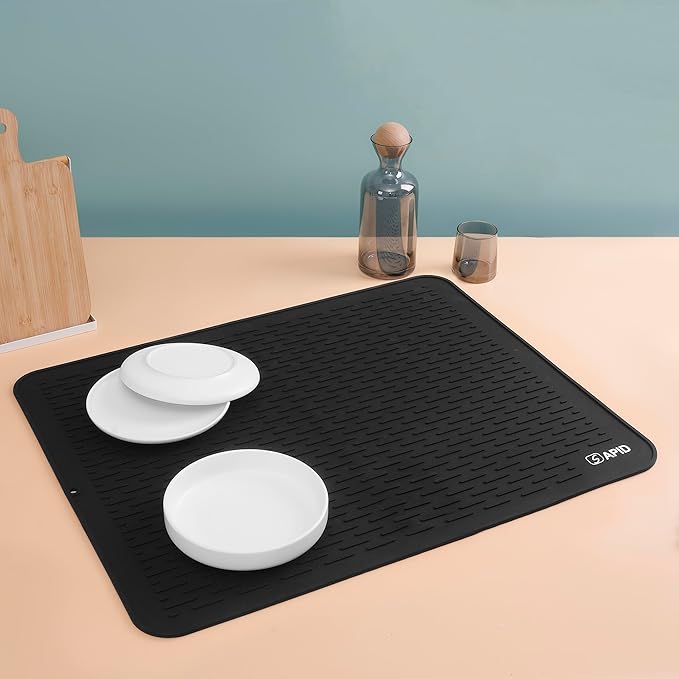 Extra Large 30x24 Inch Silicone Dish Drying Mat for Rack & Kitchen Counter | Easy Clean Silicone Drying Mat for Kitchen Counter , Non-Slip Dishes Drain Mat, Heat Resistant Silicon Dish Mat, Black, SAPID