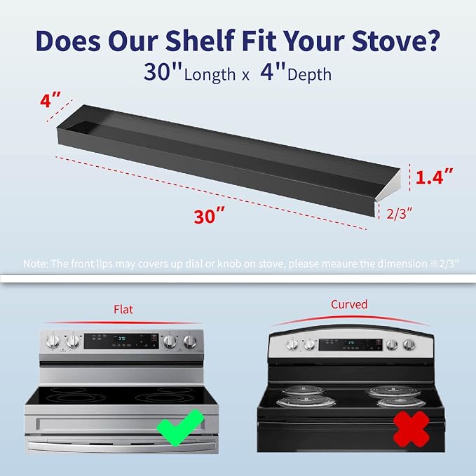 IIIOIIIA Stove Top Magnetic Shelf for Kitchen Organization, 30" Magnetic Spice Rack Over The Stove, 4" Deep Spice Organizer with Border All Around, Brushed Stainless, Black