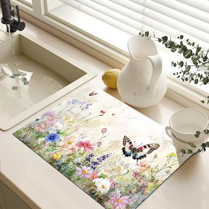 HOMETITUTE Butterfly Stove Top Cover 28x20 Wildflower Meadow Diatomite Mat