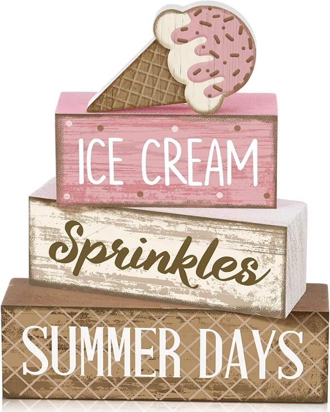 Lineshading 4 Pcs Ice Cream Summer Tiered Tray Decor Table Block Signs | Wooden Farmhouse Rustic Home Decorations, Kitchen Tabletop Centerpieces, Ice Cream Theme Sprinkles Design, Summer Gift