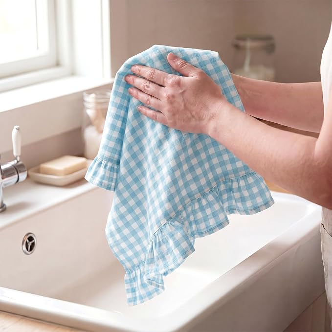 HunnmingRe 2 Pcs Light Blue Gingham Kitchen Towels Cotton Ruffled | Checked Dish Towels 18"x28" Tea Cloths Plaid Cottage Core Kitchen Decor for Farmhouse Charm Drying Dishes Entertaining Guests