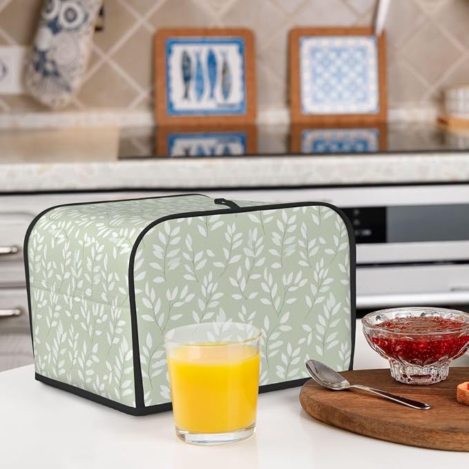 4 Slice Toaster Cover Leaf Botanical Green Dust Proof Washable Kitchen Appliance Cover with Pocket, Oxford Fabric Countertop Toaster Protector for Standard Toasters Small Appliances