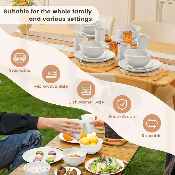 Wheat Straw Dinnerware Sets - 16 PCS Unbreakable Dinner Plates,Dessert Plates,Cereal Bowls,Drinking Cups,Dishes Sets for 4，Reusable Dishwasher & Microwave Safe for Kitchen - White