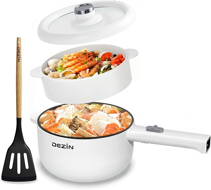 Dezin 2L Hot Pot Electric, Non-Stick Electric Pan, 700W Adjustable Power | Electric Pot for Cooking/Steak/Egg/Fried Rice/Ramen/Soup, Portable Pot for Dorm/RV/Family/Travel/Camping, Include Spatula