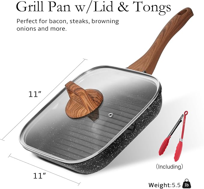ESLITE LIFE Nonstick Grill Pan with Lid & Tongs for Stove Tops, 11 Inch Versatile Square Big Grilling Skillet Steak Pan with Pour Spouts for Indoor & Outdoor Cooking, PTFE & PFOA Free, Black