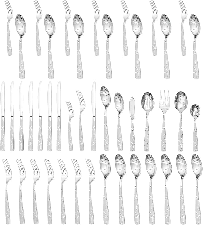 HIKAA Silverware Set, 45-piece Silverware Set with Serving Utensils Set, for Kitchen, Home, Wedding, Party, Mirror Polished and Dishwasher Safe