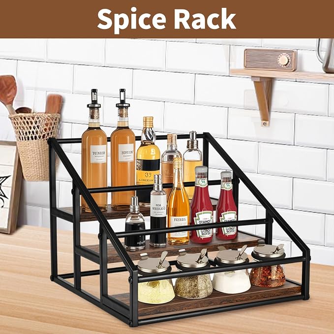 YQBRAO 3-Tier Coffee Syrup Organizer, 12-Bottle Rack, Rustic Brown | Holds up to 12 bottles with stepped visibility and a compact footprint for coffee bars, kitchens, and syrup stations.