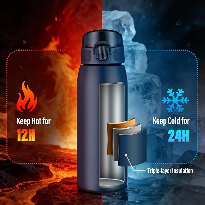 Insulated Water Bottle 18 oz with Dustproof Lid, Carry Handle & Tea Infuser, BPA-Free & Leakproof, Stainless Steel Water Bottles Ideal for Fitness, Hiking, Office & Outdoor Use （Dark Blue ）