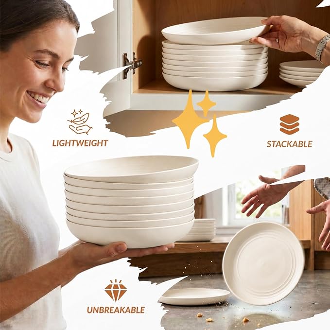 Wheat Straw Dinner Plates Set of 8, Unbreakable, Dishwasher & Microwave Safe, Modern Style, 9 inch, Beige
