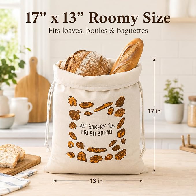 2 Pack Reusable Cotton Bread Bags for Homemade Bread, 16 x 12 Inch Drawstring Bread Storage Bags, Washable Cloth Bags for Sourdough Loaves, Baguettes, Bakery Bread, Rolls, Pastries and Produce