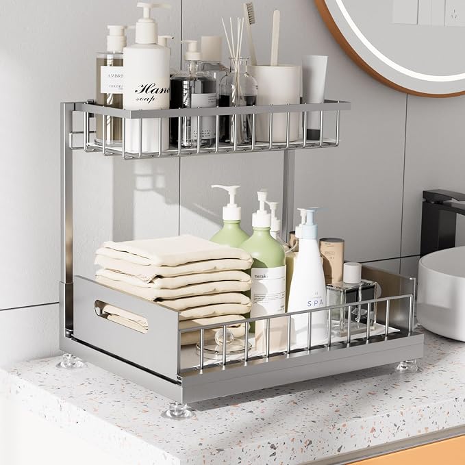 L-Shaped Under Sink Organizer, 2-Tier Pull-out Cabinet Rack 1-Pack | Grey Height-Adjustable Steel Rack, Sliding Grid Drawers with PP Liners, Holds 100 Lbs, Suction Base, Ideal Kitchen Storage