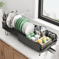 Large Expandable Dish Drying Rack for Kitchen Counter, 19.3-29.4 in, Black | Family Size Capacity, Adjustable Dividers for Pan, Lid & Cutting Board, Stainless Steel, Rotating Spout, Utensil Holder
