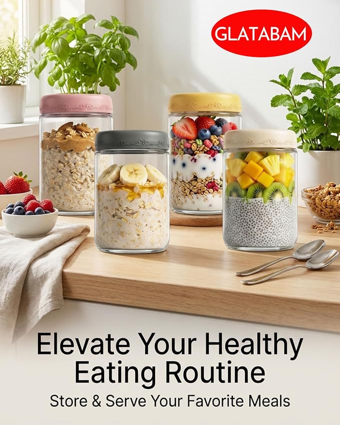 18 OZ 4Pack, Overnight Oats Jars with Lids, Glass Meal Prep Containers, Airtight Mason Jars for Breakfast, Yogurt Parfait, Salad & Smoothies, Leakproof and Reusable Food Storage Jars(4-2)