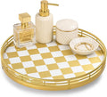 AMH 10-Inch Gold Checkerboard Lazy Susan Vanity Tray with Metal Rail | Smooth rotating oak tray with walnut finish for dining tables, kitchen counters, pantries and cabinet storage.