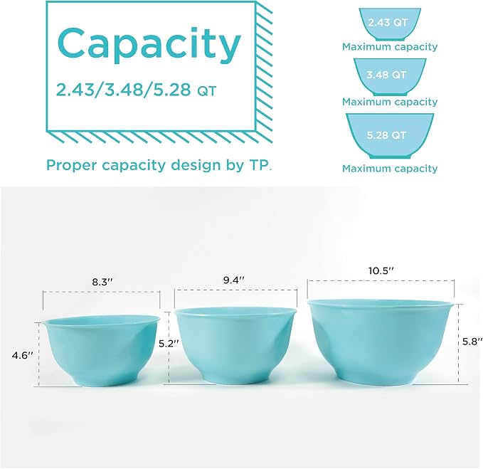 TP Melamine Mixing Bowl Set with Lids, Salad Bowl Set of 3, Glossy Teal | Nesting Design,Break-resistant,Pasta & Salad Prep, Baking Prep, Space-saving Storage, Freezer Safe, Dishwasher Safe