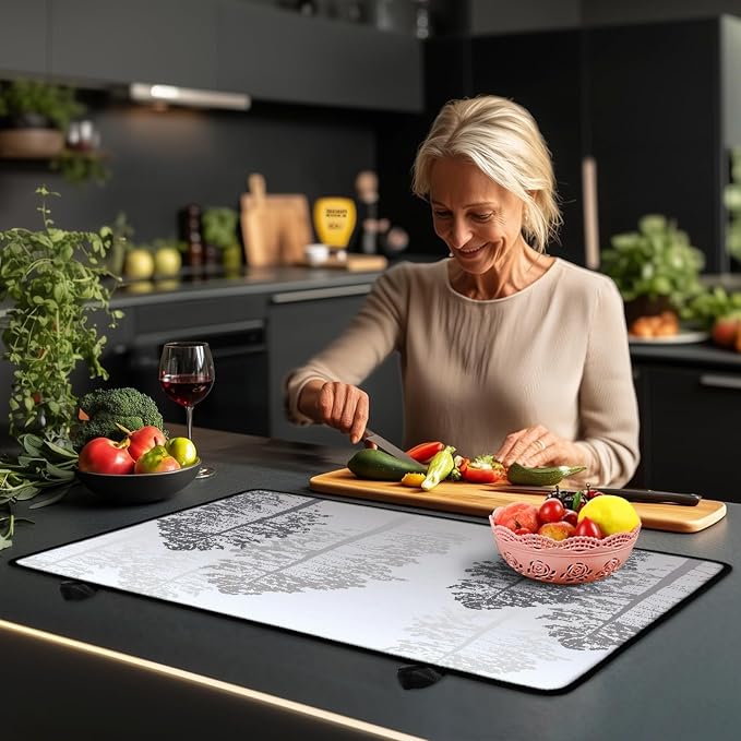 Grey Tree Forest Stove Top Covers for Electric Stove, Nature Pine Trees Pattern Glass Stovetop Cover with Lanyard Forest Gray Beige Countertop Protector Mat for Kitchen 28 x 20 Inch