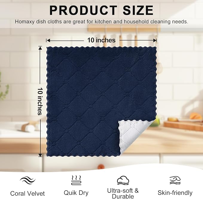 Homaxy 12 Pack Super Soft Dish Cloths, 10" x 10", Navy Blue & White | Coral Velvet, Nonstick Oil Fast Drying Microfiber Cleaning Cloth, No Lint Household Dishcloths