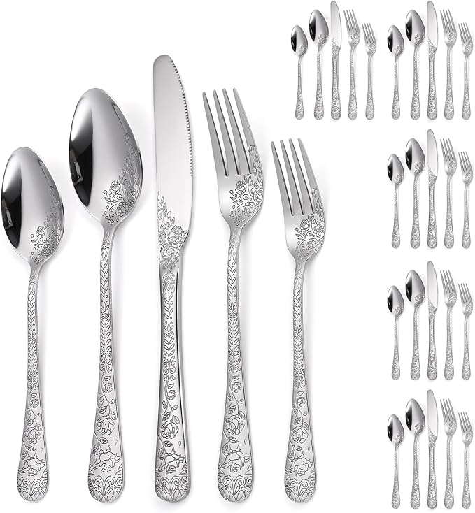 Floral Silverware Set 6 Silvery Flatware Stainless Steel with Delicate Engraved Rose Flower Embossed Design Complete 30 Piece Cutlery for Restaurant Utensils Home Kitchen Daily Use