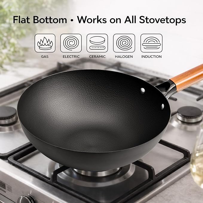 WANGYUANJI 12.6" Carbon Steel Wok with Lid, Flat Bottom Wok Pan for Induction and Gas Stoves, Heavy Duty Unseasoned Asian Stir Fry Pan with Detachable Wooden Handle