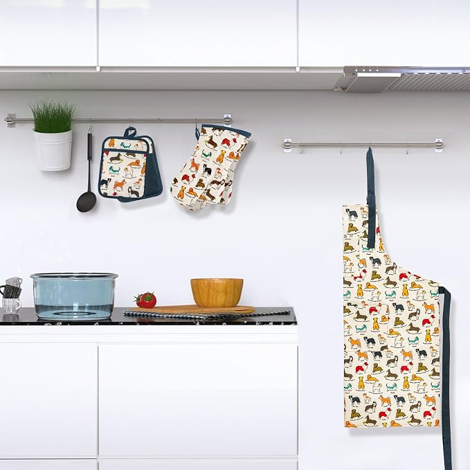 Alselo Oven Mitts and Pot Holders with Chef Apron,Kitchen Set of 5 | Heat Resistant Kitchen Gloves and Silicone Non-Slip Potholders Adjustable Neck Buckle Chef Apron, Cotton Dog Design (Dog)