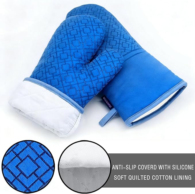 Oven Mitts and Pot Holders Sets 6pcs, Kitchen Oven Glove,High Heat Resistant 550 Degree Extra Long Oven Mitts and Potholders with Non-Slip Silicone Surface for Home Essentials (Grey) (Navy Blue)