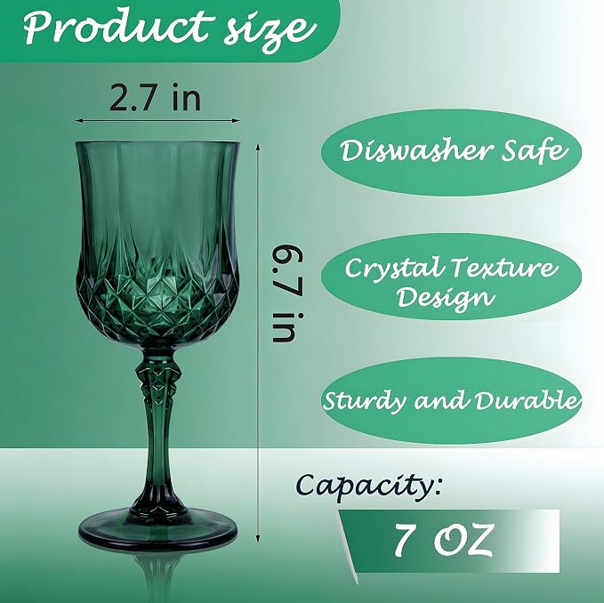 24Pack Plastic Wine Glasses, 7oz Vintage Goblets for Wedding | Unbreakable Crystal Style Reusable Stemware, Elegant Dark Green Drinking Glass for Party Anniversary & Holiday Celebration