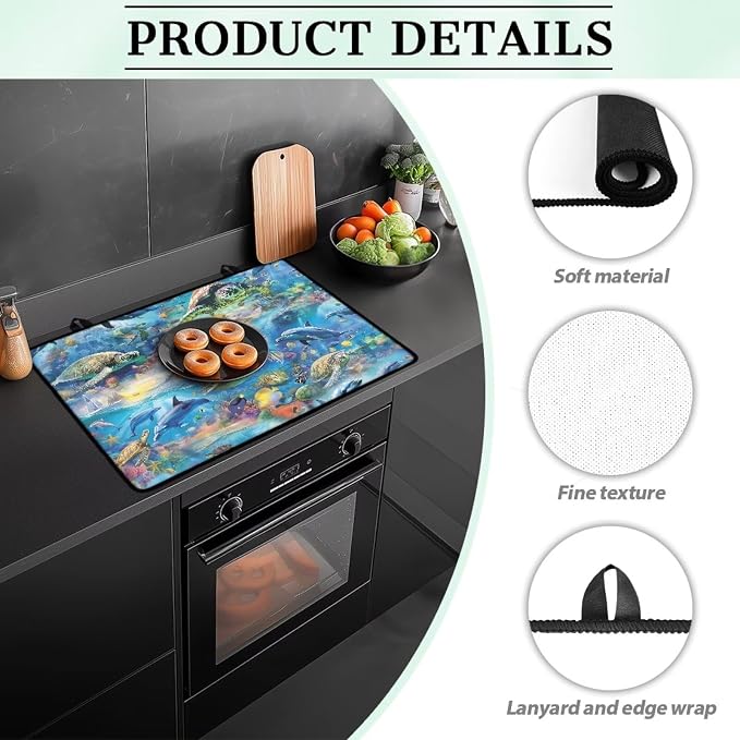 Dolphin Sea Turtle Glass Stove Cover Stovetop Protector Cover Foldable Electric Stove Top Protector Prevent Scratching Washer Dryer Counterto Cover for Home Decor