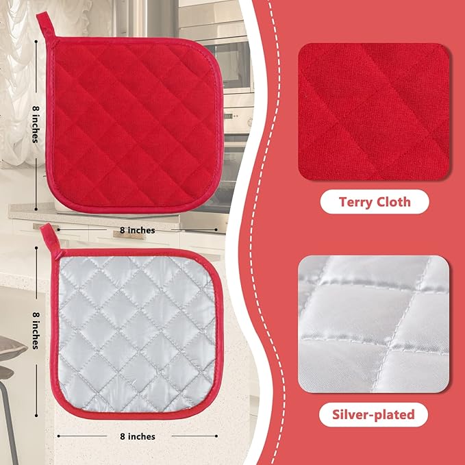 Joyhalo 6 Pack Pot Holders for Kitchen Clearance | Cotton Oven Holder with Great Heat Resistance, Potholders Sets for Kitchen, Countertops, Hot Pots and Pans, Red