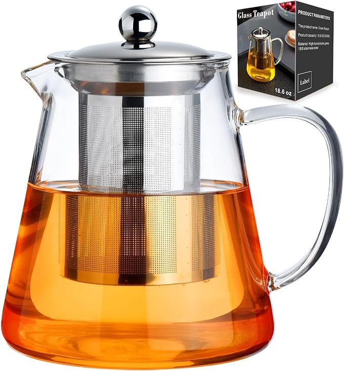 Baalaka Glass Teapot 18.6oz/550ml, Tea Pot with Removable Infusers for Loose Tea, Borosilicate Glass Tea Kettle Tea Maker Stovetop for Camping, Tea Infuser for Loose Leaf Tea Travel | Borosilicate glass tea kettle with infuser; steel strainer for loose...